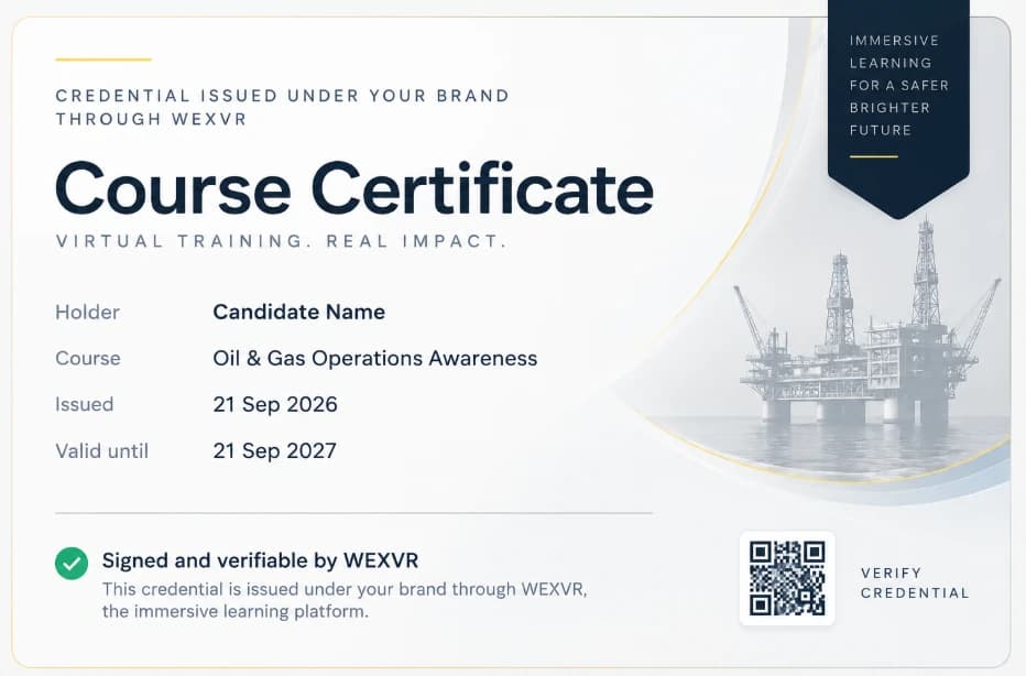 Example of a course credential issued under your brand through WEXVR